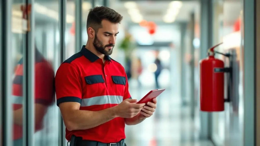 Agent SSIAP FKH vérifiant un extincteur en ERP